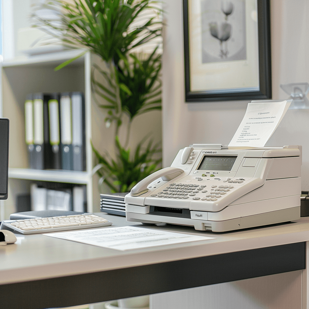 a fax machine on a desk