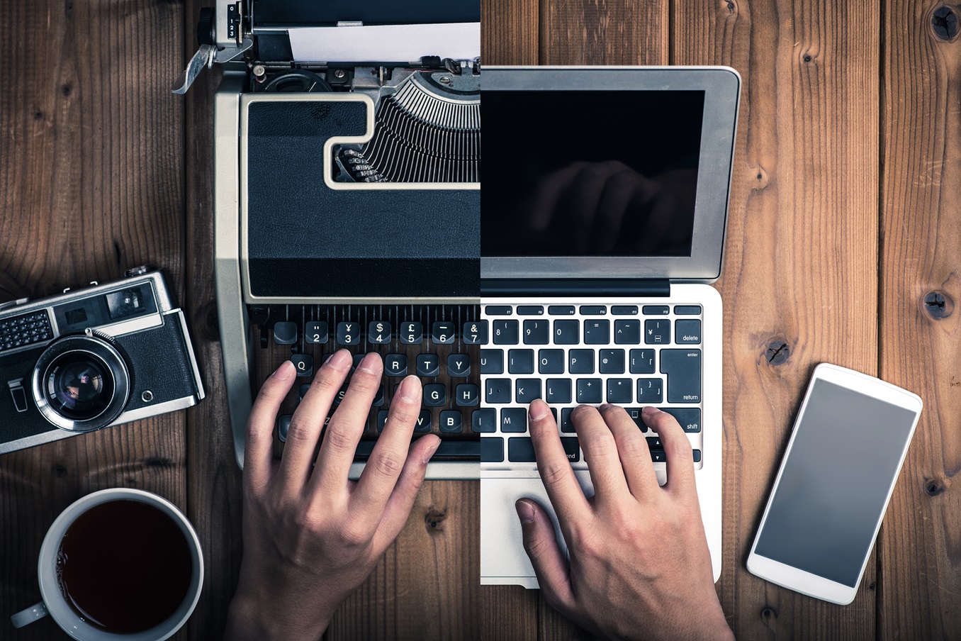 Split image showing a vintage typewriter and an early camera on the left, contrasted with a modern laptop and smartphone on the right, symbolizing the evolution of technology from the past to the present