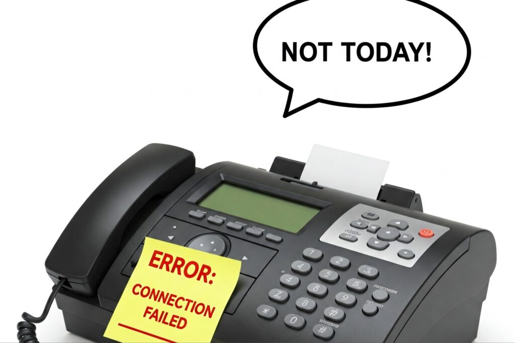 A modern fax machine with a connected phone line. A yellow sticky note on the machine reads "Error: Connection Failed". A speech bubble coming from the fax machine says "Not Today!".