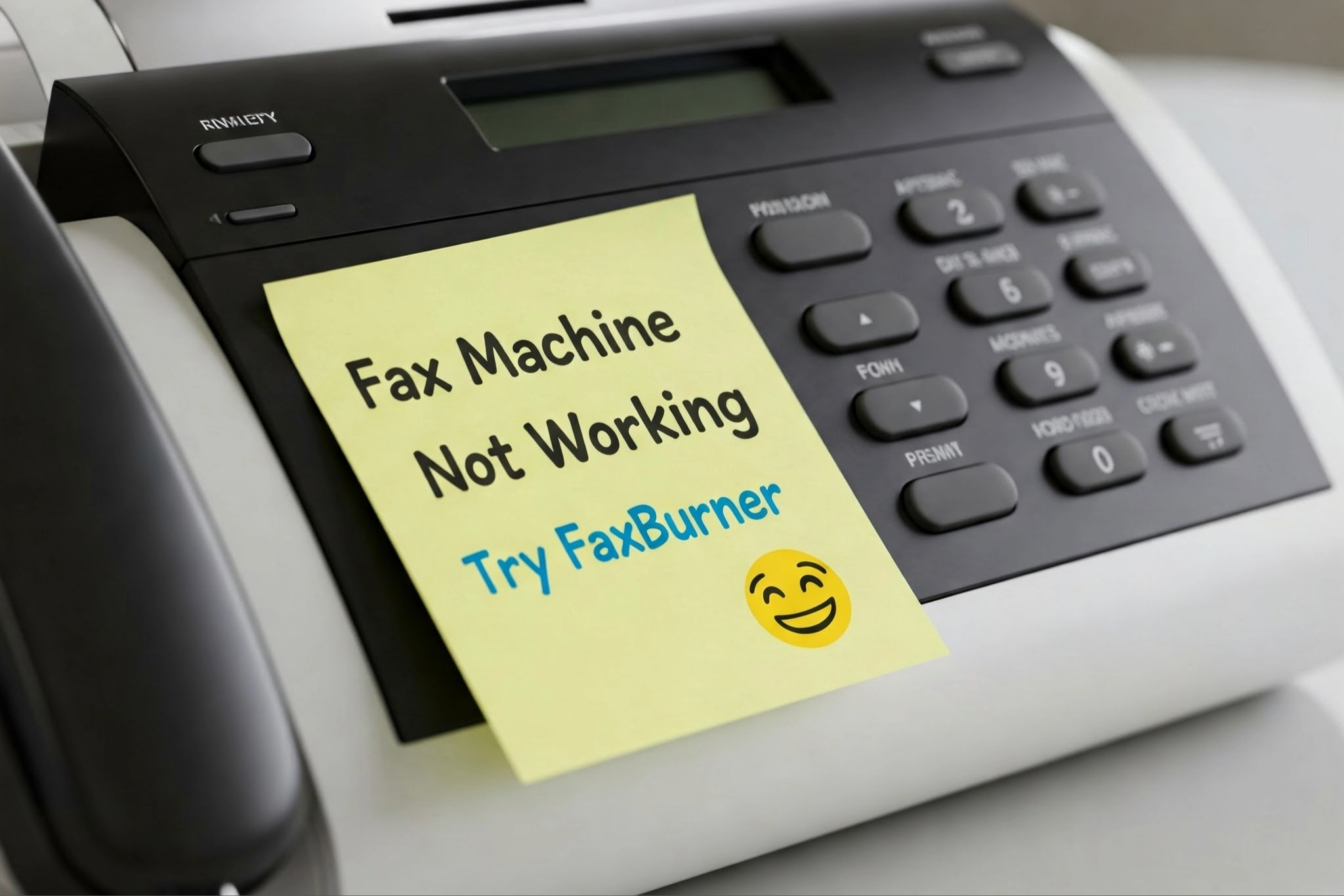 Fax machine with a yellow sticky note reading 'Fax Machine Not Working, Try FaxBurner' accompanied by a smiling emoji