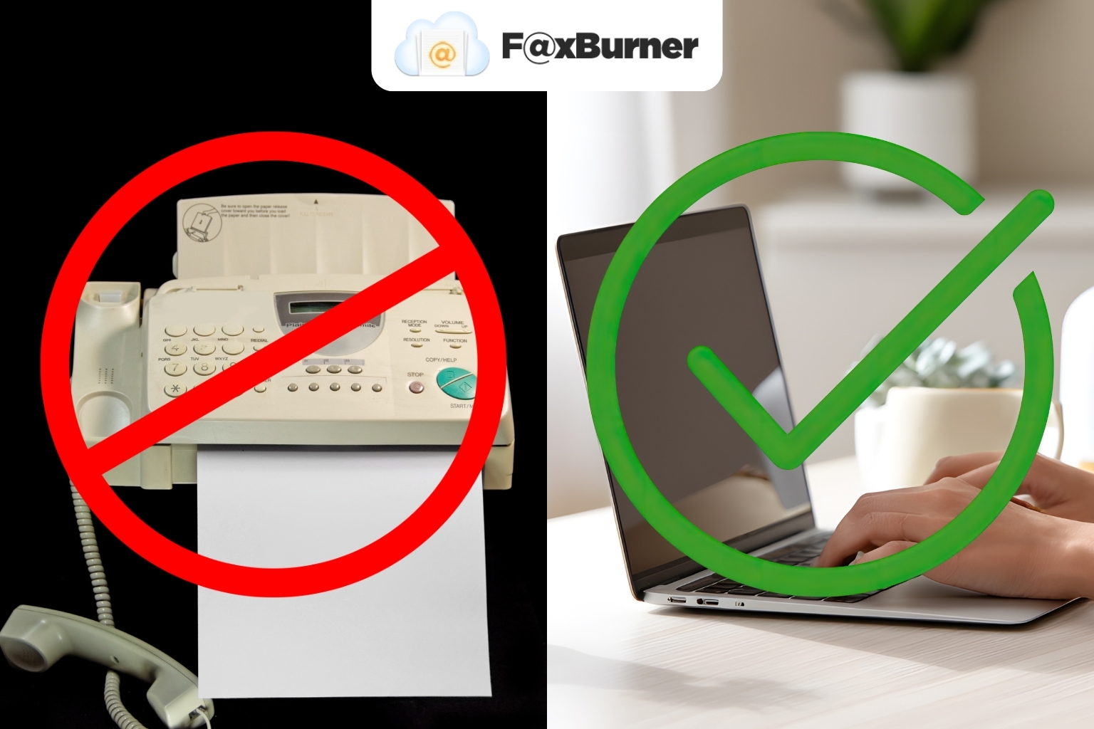 Fax machine with a stop symbol over it and an open laptop with a checkmark over it