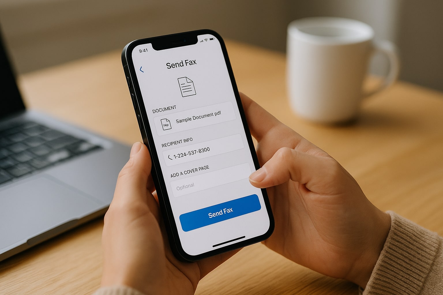 Using iPhone to send fax Person using an iPhone to send a fax, with the screen showing a document upload and Send Fax button inside a home workspace