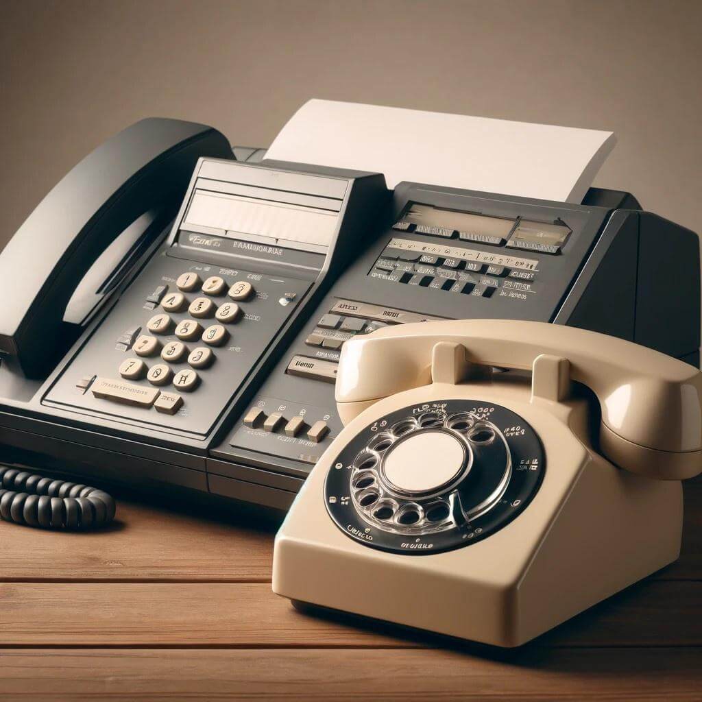 Vintage fax machine and rotary dial telephone on a wooden desk.