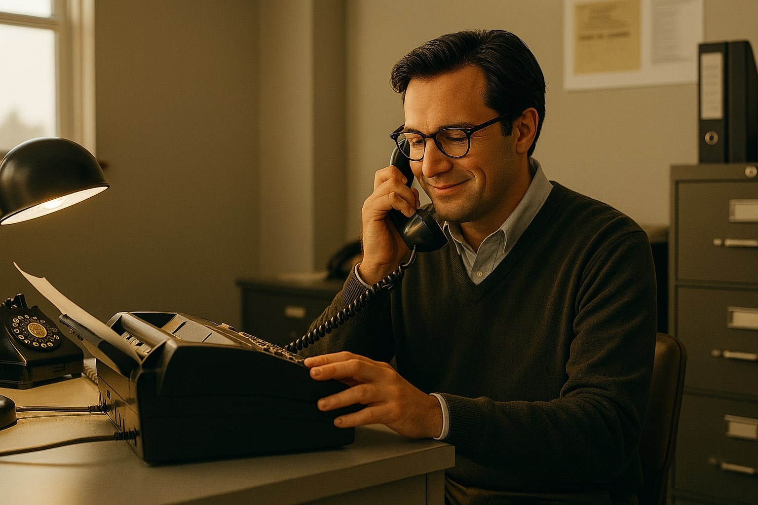 Man Fax Machine A man attempting to call a fax machine.
