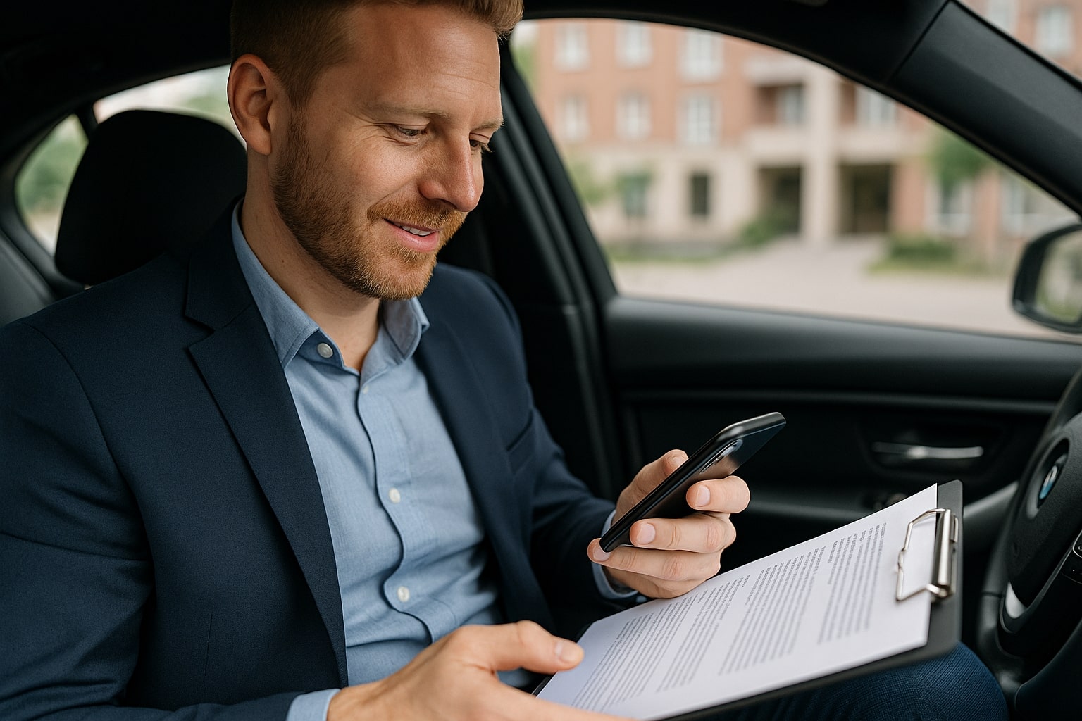 Real estate agent Real estate agent reviewing a document and sending a fax using a smartphone from his car.