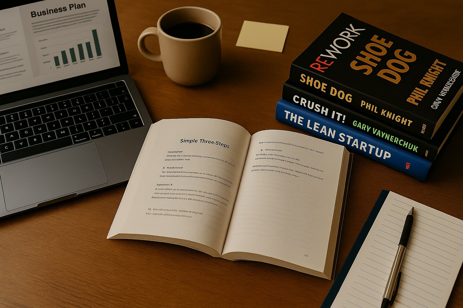 Flat lay of a startup desk with business books, open notebook, coffee, and laptop showing a business plan