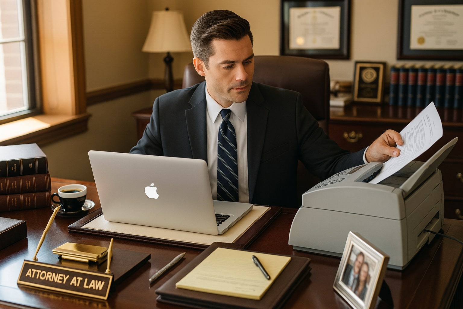 Attorney at desk Attorney at desk faxing legal document, working on laptop with nameplate and law books in office.