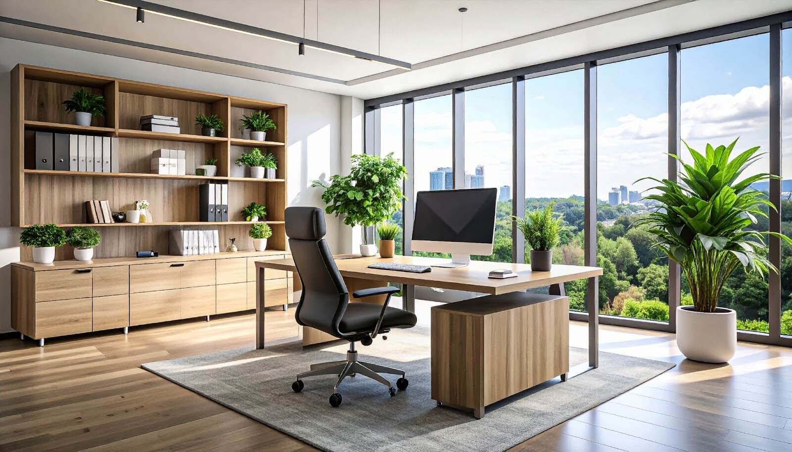 Modern home office with large windows, wooden desk, ergonomic chair, desktop computer, bookshelf with storage and plants, and a scenic view of trees and city buildings in the background