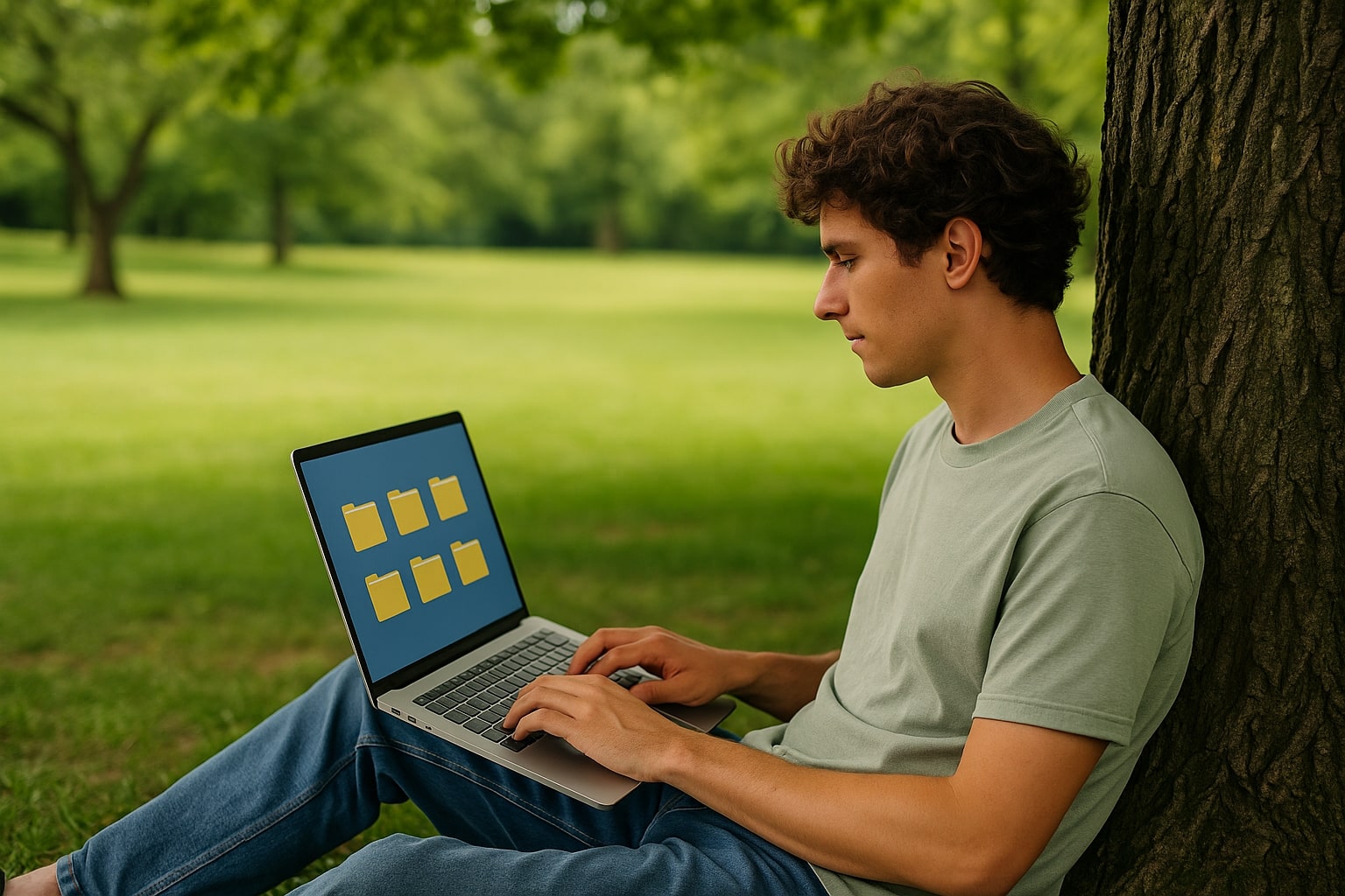 A person sits under a tree using a laptop displaying digital folder icons, symbolizing going paperless in a calm outdoor setting. 
