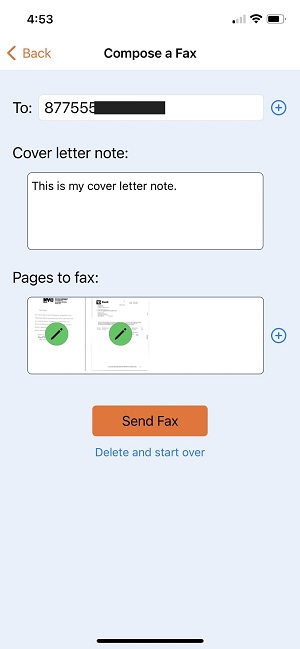 send fax screen on faxburner ios app