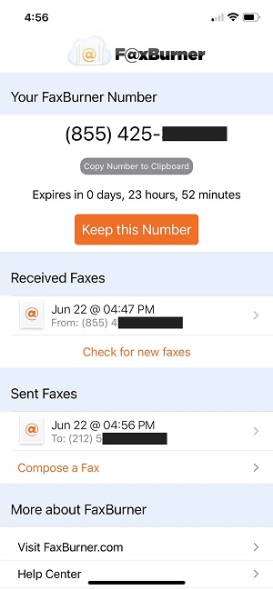 faxburner dashboard on iOS