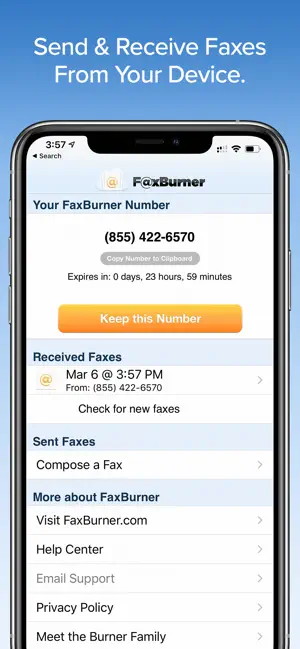 faxburner dashboard on mobile