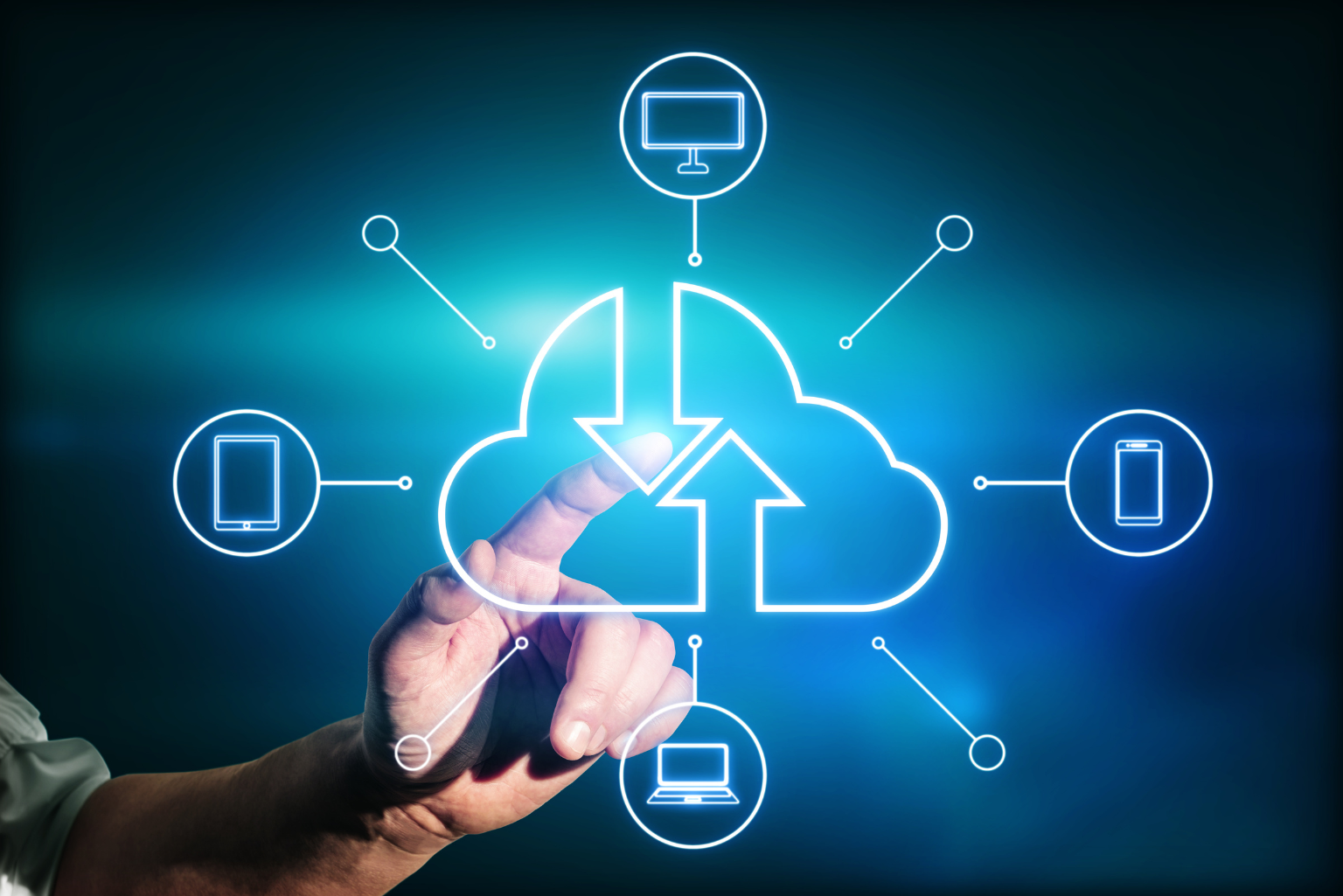 Cloud faxing technology with a hand touching a cloud on a screen surrounded by tablet, phone, monitor, and laptop icons.
