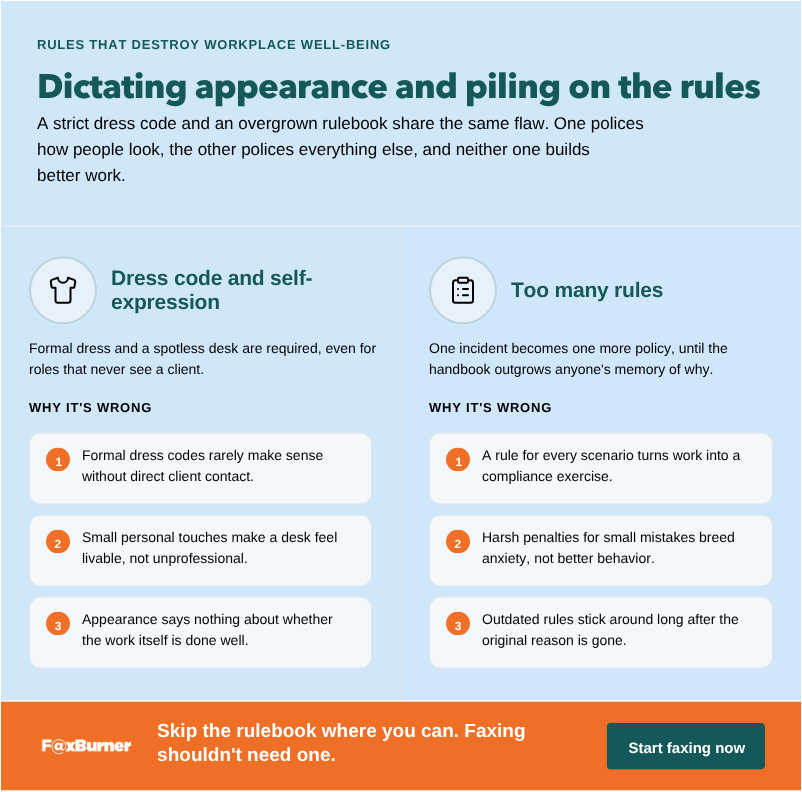 Infographic titled "Dictating appearance and piling on the rules," explaining why rigid dress codes and rule overload hurt morale without improving performance.
