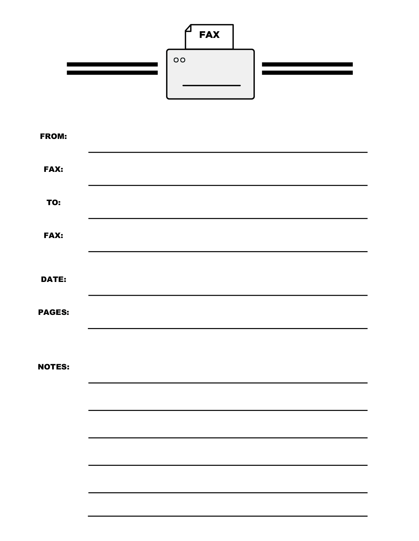 Fax cover sheet with a fax machine illustration and a lined notes section Fax cover sheet with a fax machine illustration and a lined notes section