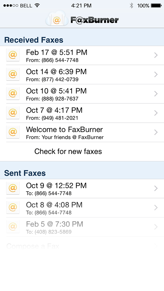 FaxBurner received and sent faxes