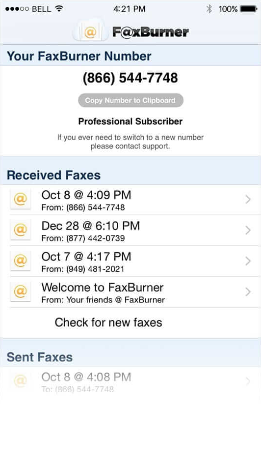 FaxBurner app showing your fax number and received faxes