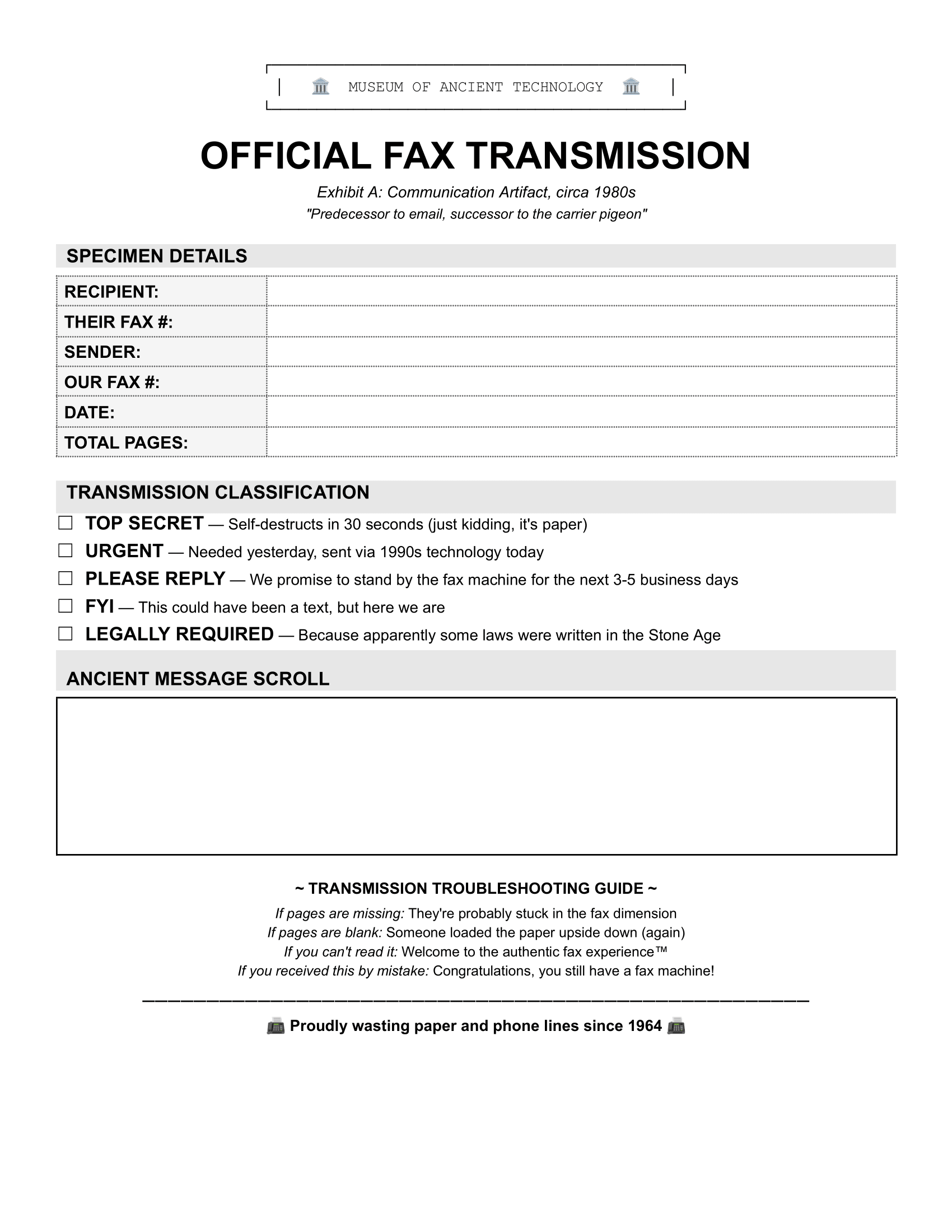 Funny fax cover sheet styled as an official transmission from a museum of ancient technology