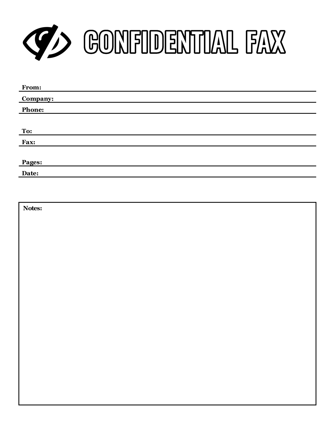 Confidential fax cover sheet with a crossed-out eye icon and a CONFIDENTIAL FAX title
